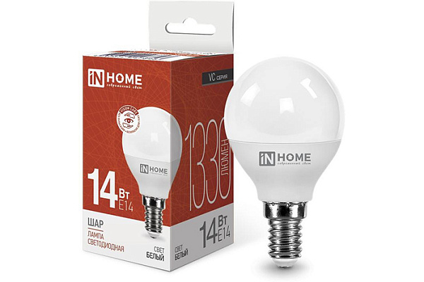 Лампа светодиодная IN HOME LED-ШАР-VC 14Вт 230В E14 4000K 1330Лм 10/100 (7843)