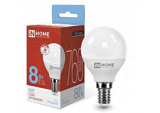 Лампа светодиодная IN HOME LED-ШАР-VC 8Вт 230В Е14 6500К 760Лм 10/100 (4882)