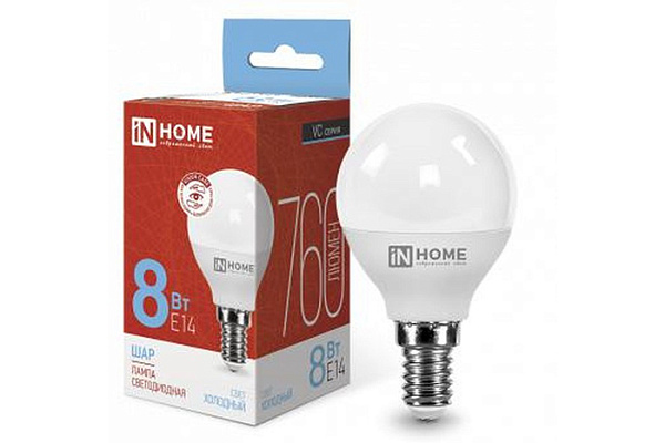 Лампа светодиодная IN HOME LED-ШАР-VC 8Вт 230В Е14 6500К 760Лм 10/100 (4882)