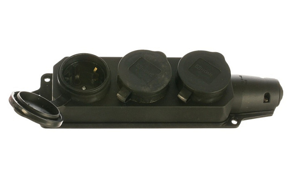 Розетка IN HOME 3-х местная с/з каучук, с заглушками 16А IP44 черная 9323 (281)