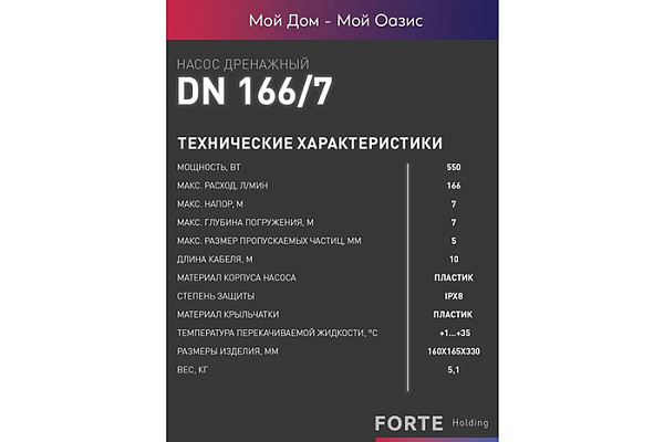 Насос дренажный OASIS DN 166/7 (550Вт, Расход-175л/мин, Напор-7м, Глубина-8м,Частица-35мм)