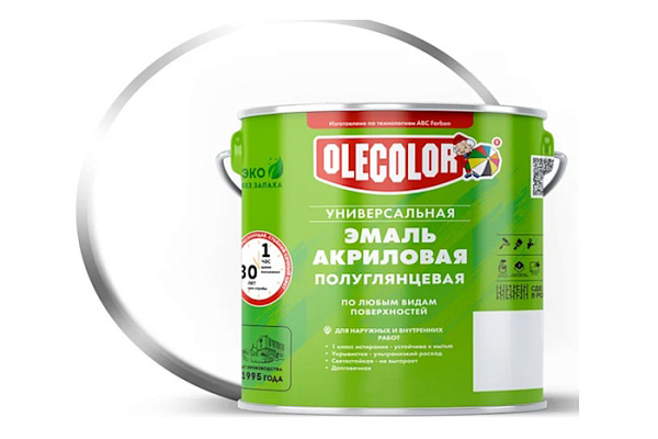 Эмаль акриловая OLECOLOR универсальная полуглянцевая белый металлическая тара 3,0 кг