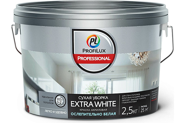 Краска ВД ProfiluxProfessional EXTRA WHITE СУХАЯ УБОРКА акриловая, белая (2,5кг)