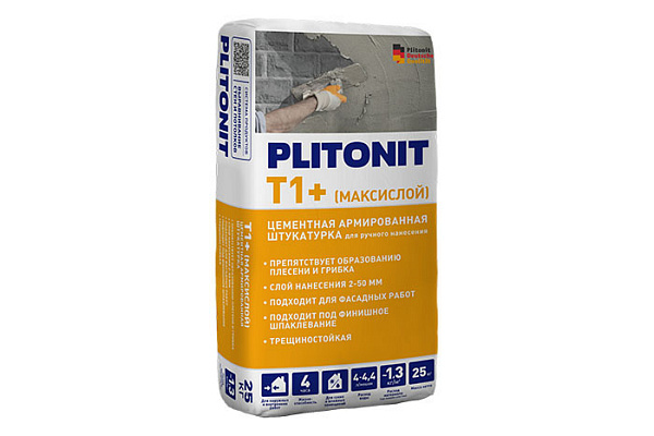 Штукатурка цементная PLITONIT Т1+ МаксиСлой 2-50мм с армирующими волокнами 25кг Н011775 (1/48)