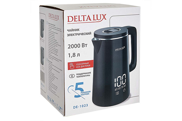 Чайник DELTA LUX DE-1023, ДВОЙНОЙ КОРПУС, LCD дисплей, 5 режимов, 1,8 л, 2000 Вт, черный (12)