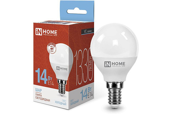Лампа светодиодная IN HOME LED-ШАР-VC 14Вт 230В E14 6500K 1330Лм 10/100 (7850)