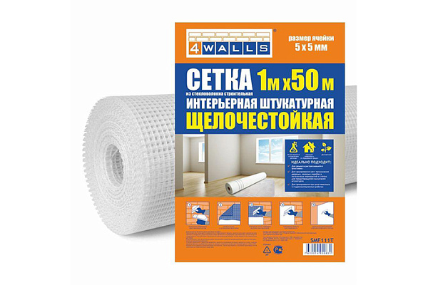 Сетка строительная 4WALLS ИНТЕРЬЕРНАЯ штукатурная 1000мм.х10м белая, 5х5 SMF121T (1/12)