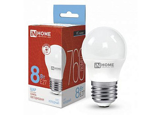 Лампа светодиодная IN HOME LED-ШАР-VC 8Вт 230В Е27 6500К 760Лм 10/100 (4905)